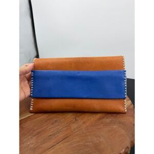 Noonday Collection Leather Envelope Clutch Women Small Tan Blue Whipstitch